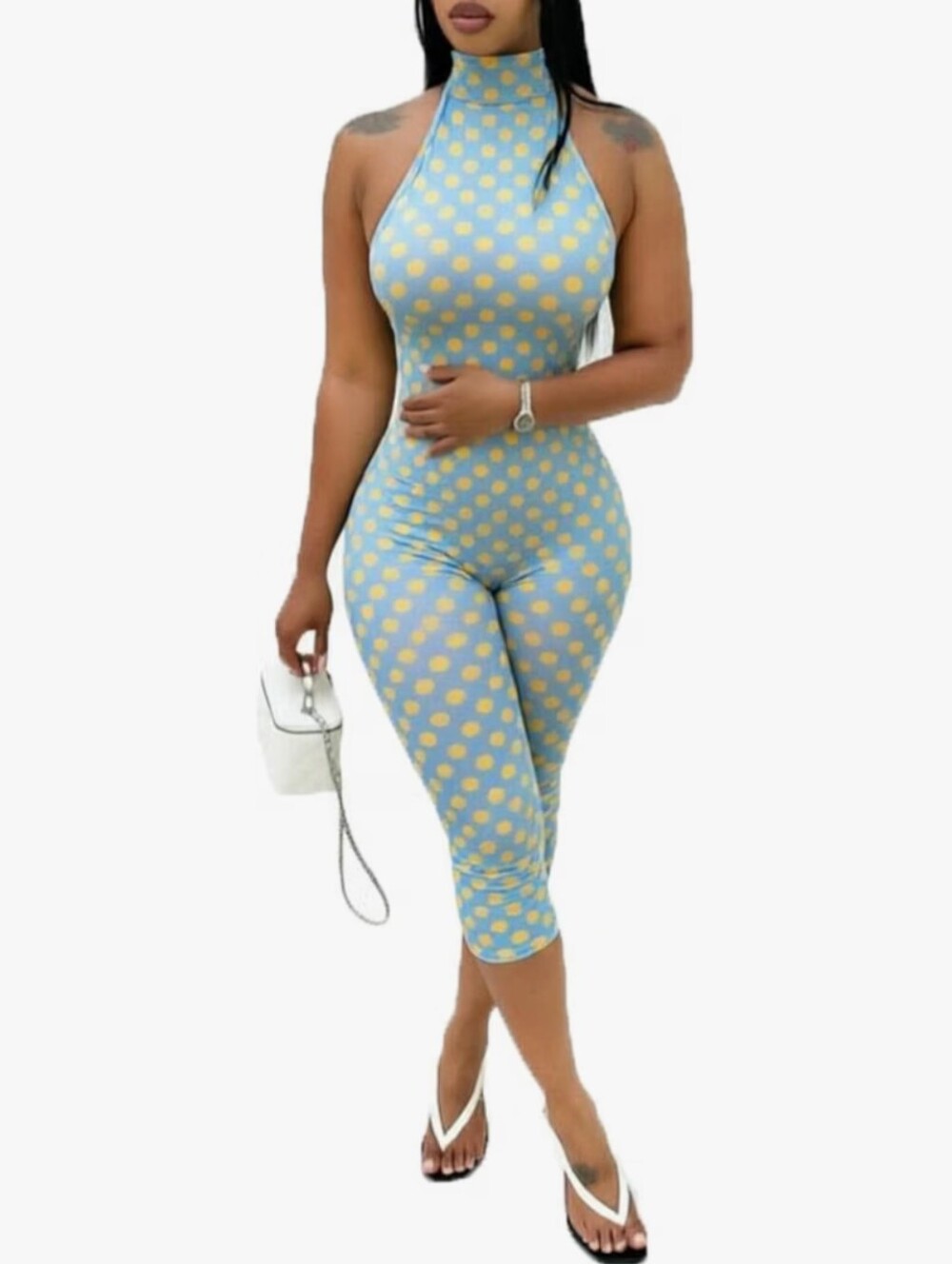 Women Sexy Jumpsuit Polka Dot Print Halter Neck Backless Back Cross Bodycon Romp